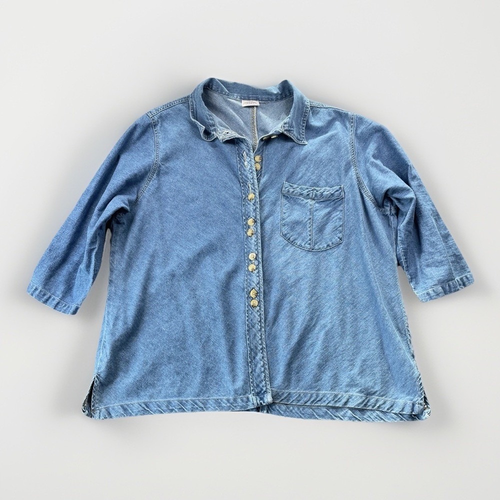 Carolina Blues Plus Denim Button Down Shirt Womens 2XL 3/4 Sleeve Blue Top